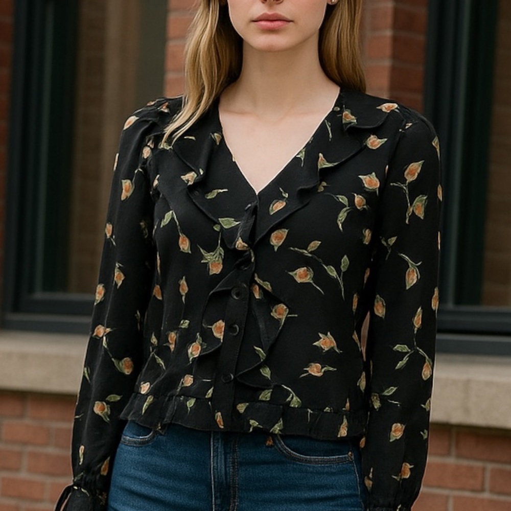 PAIGE + Anthropologie‎ Black Blouse with Floral Pattern - NIGHT GARDEN pattern